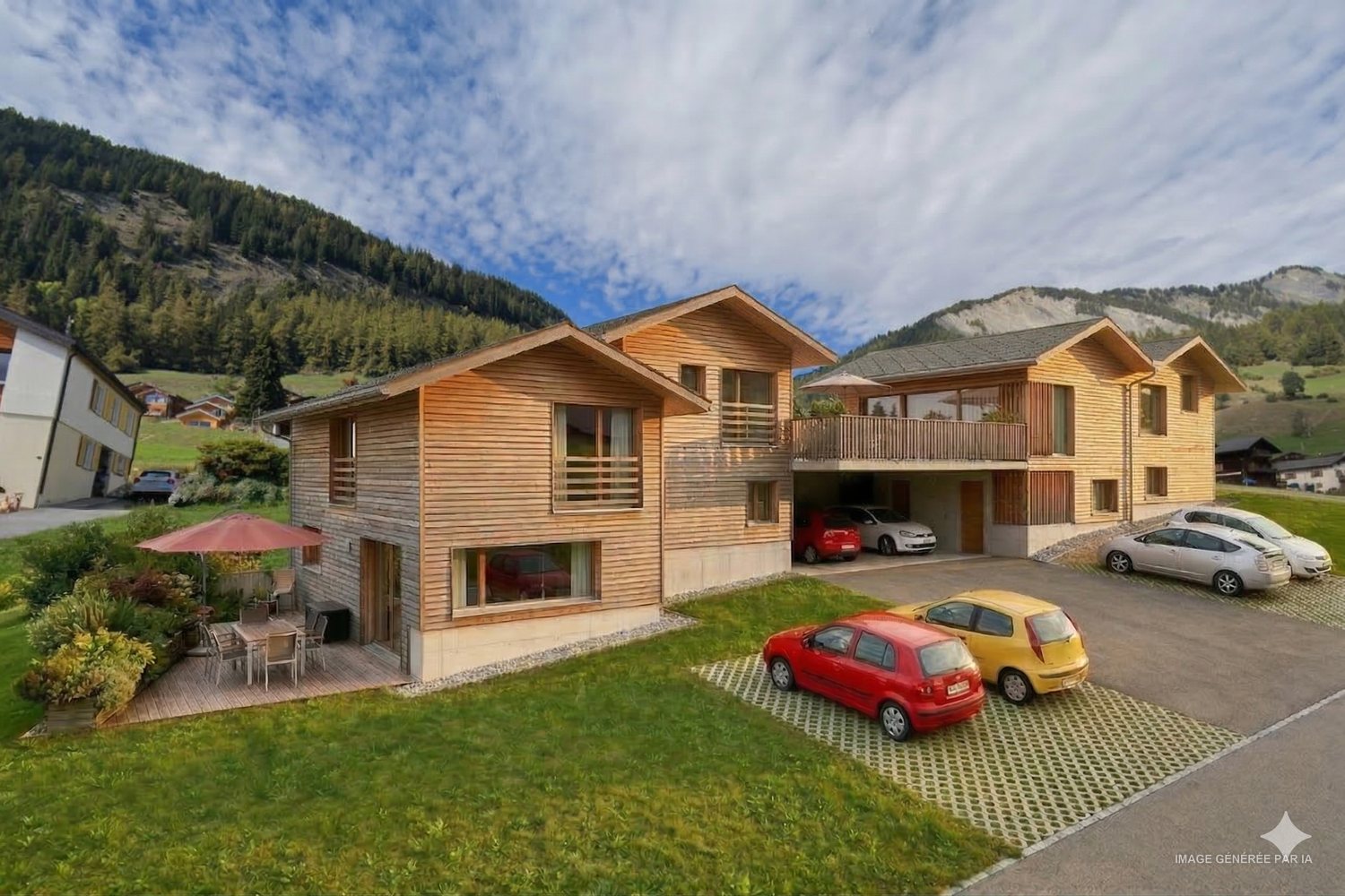 Les deux chalets vus du sud en été : bardage bois, toitures à deux pans et couvert à voitures central.
