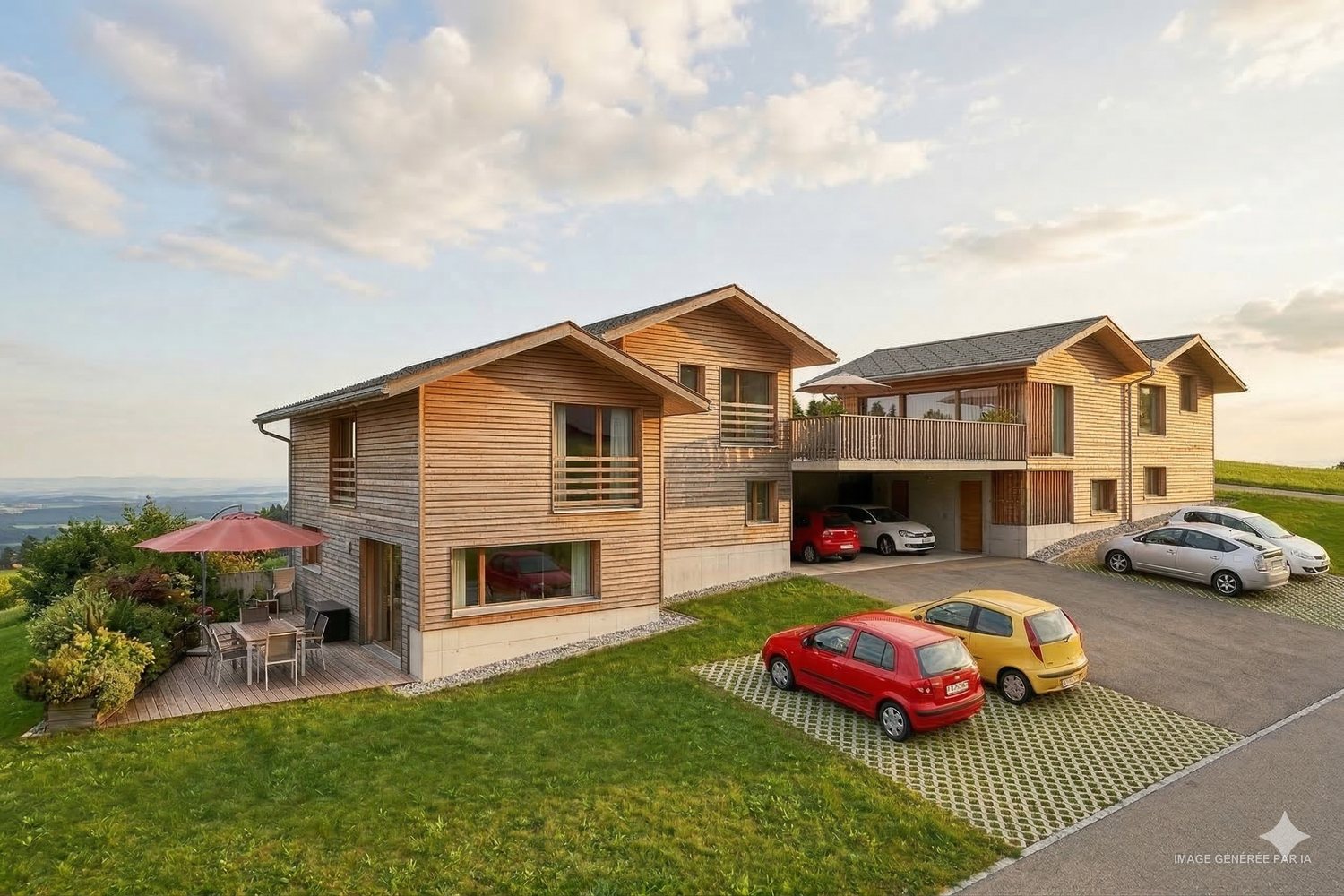 Les deux chalets en fin de journée, la vallée du Rhône ouverte à l'arrière-plan.