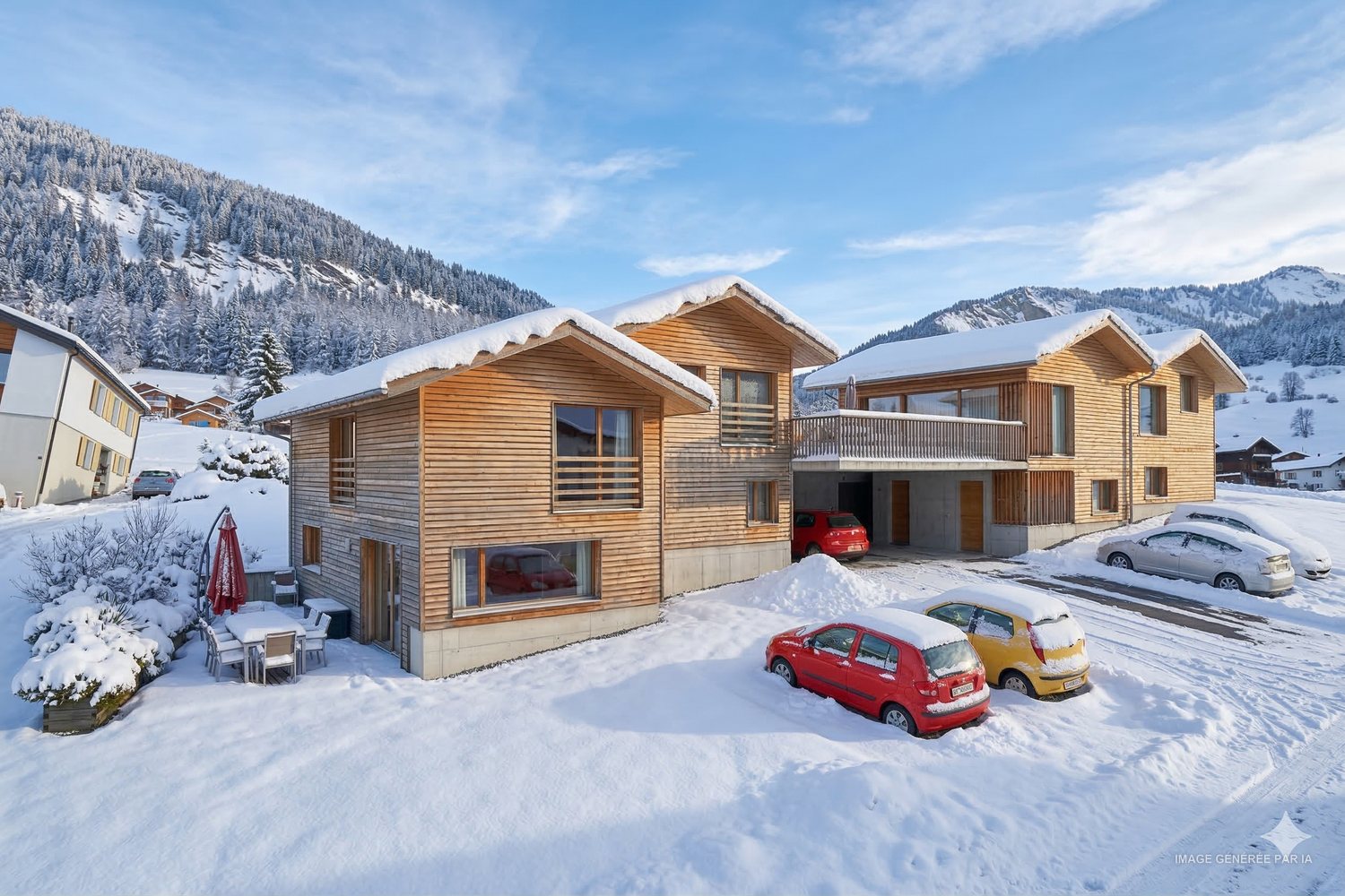 Les deux chalets sous la neige, avec le couvert à voitures dégagé entre les deux volumes.