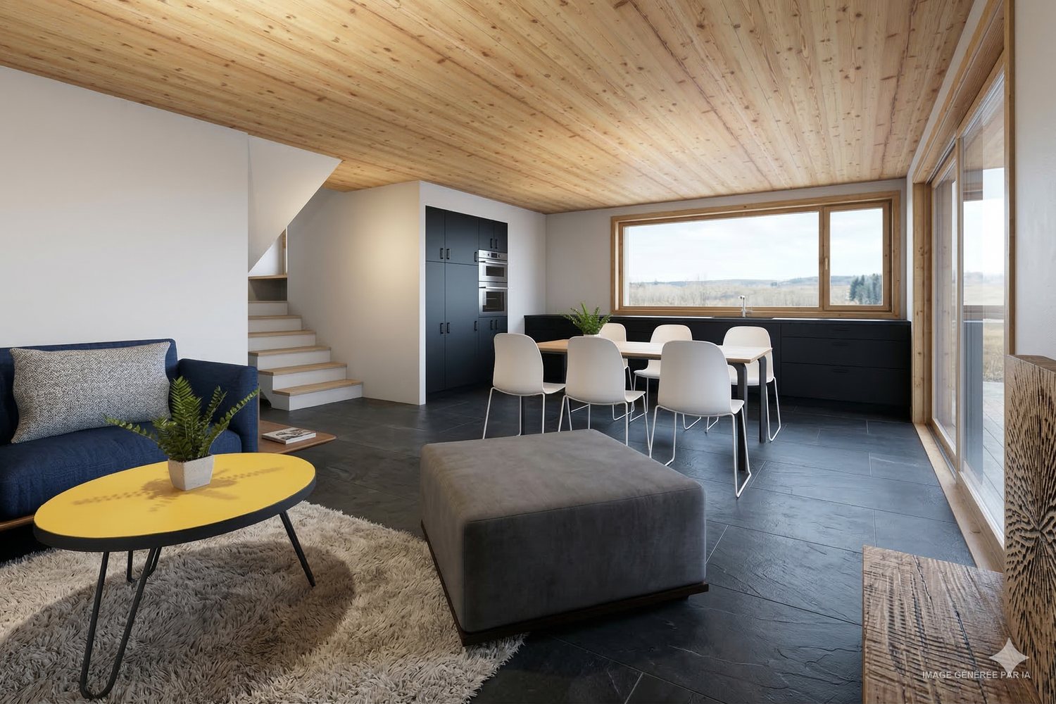 Séjour ouvert sur une cuisine noire mate, table de repas devant une baie horizontale.