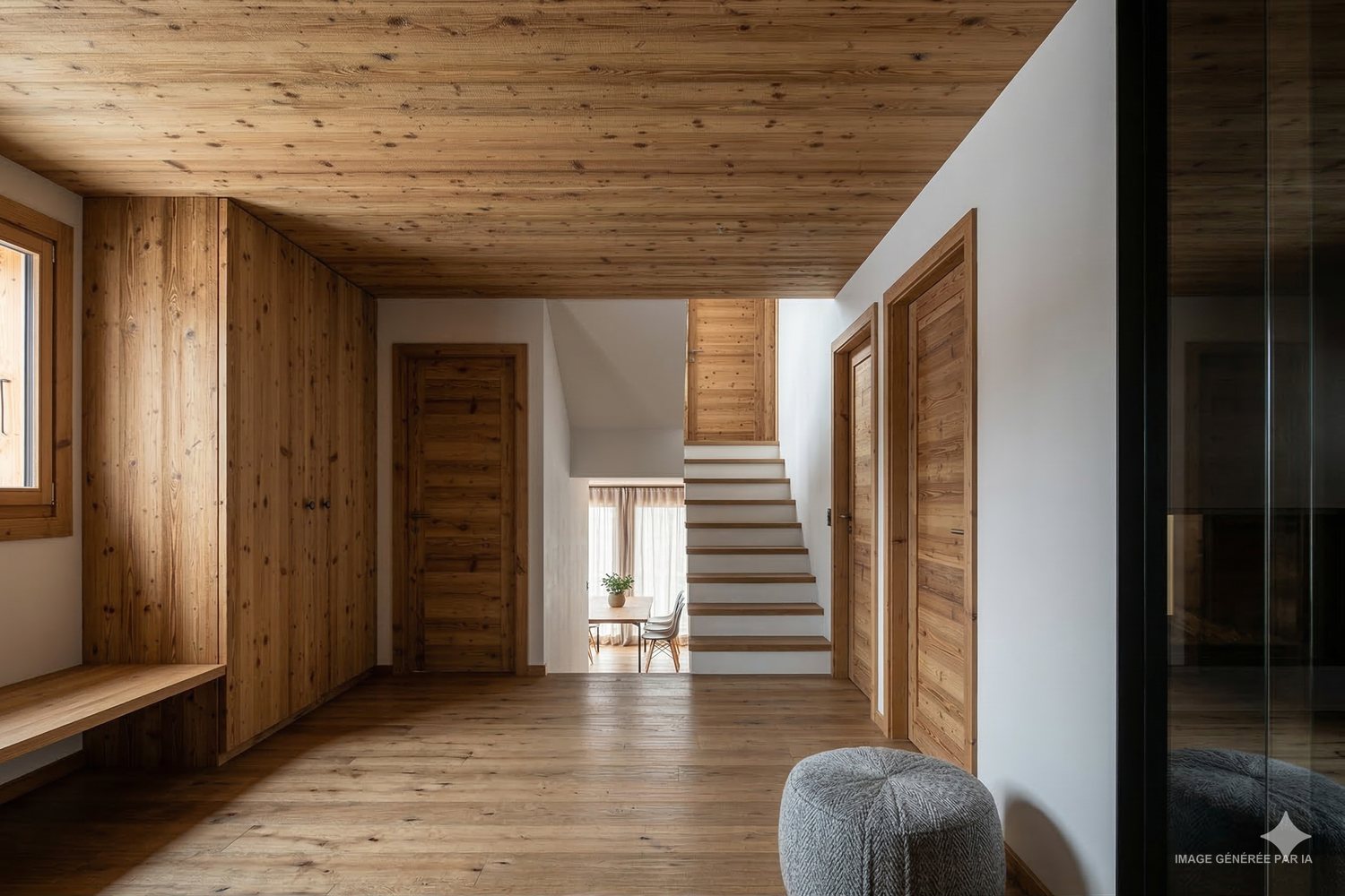 Hall d'entrée en bois avec banc intégré, armoires toute hauteur et escalier menant à l'étage.