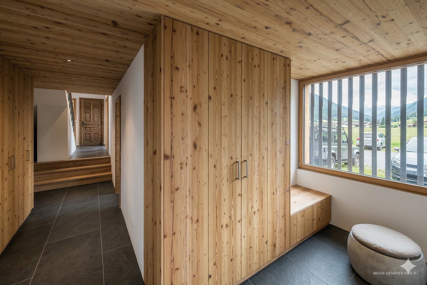 Vestiaire avec placards en vieux bois, banc et fenêtre en bandeau protégée par des lames verticales.