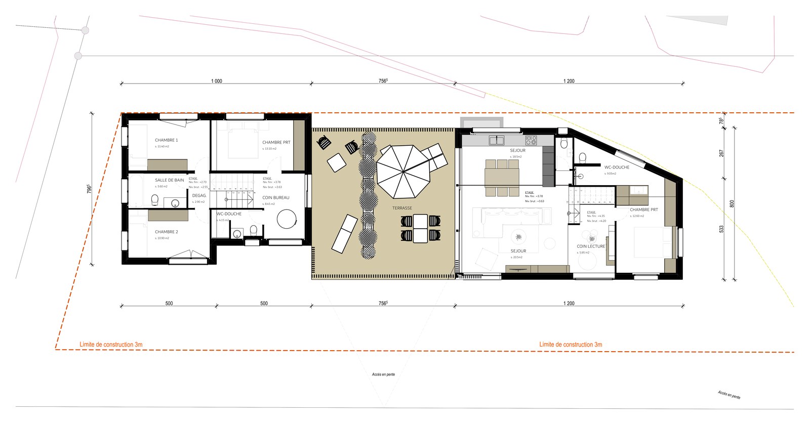 Plan de l'étage des deux chalets, avec la terrasse commune posée sur les couverts à voitures.
