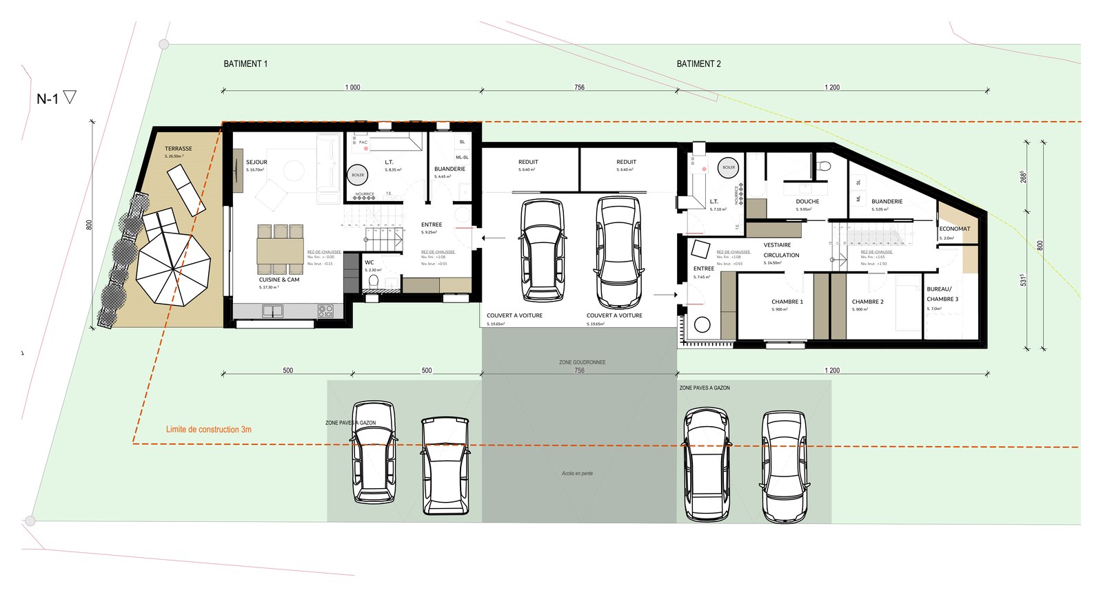 Plan du rez-de-chaussée des deux chalets, avec les couverts à voitures et la terrasse du chalet 1.